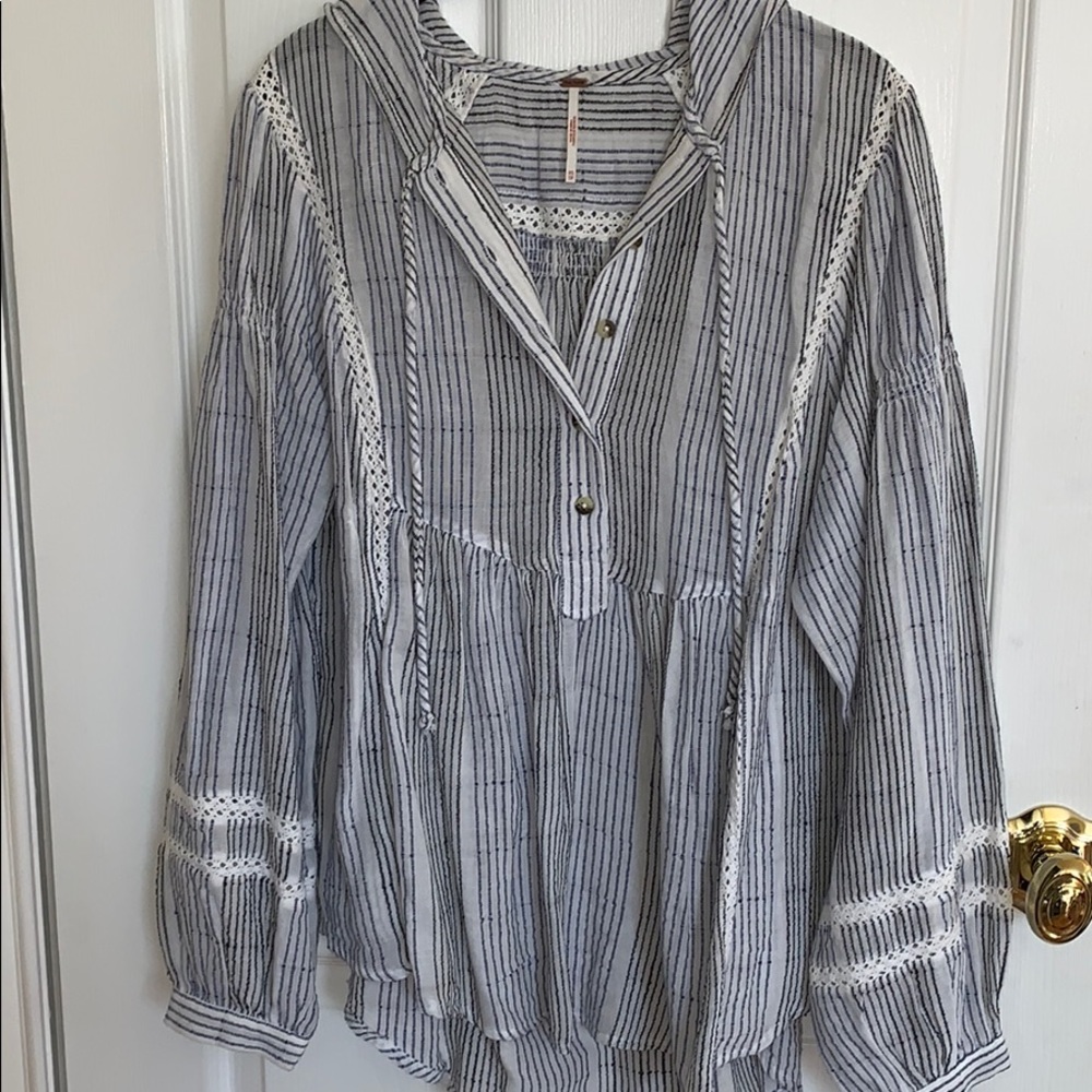 Free People Striped & Lace Peasant Top